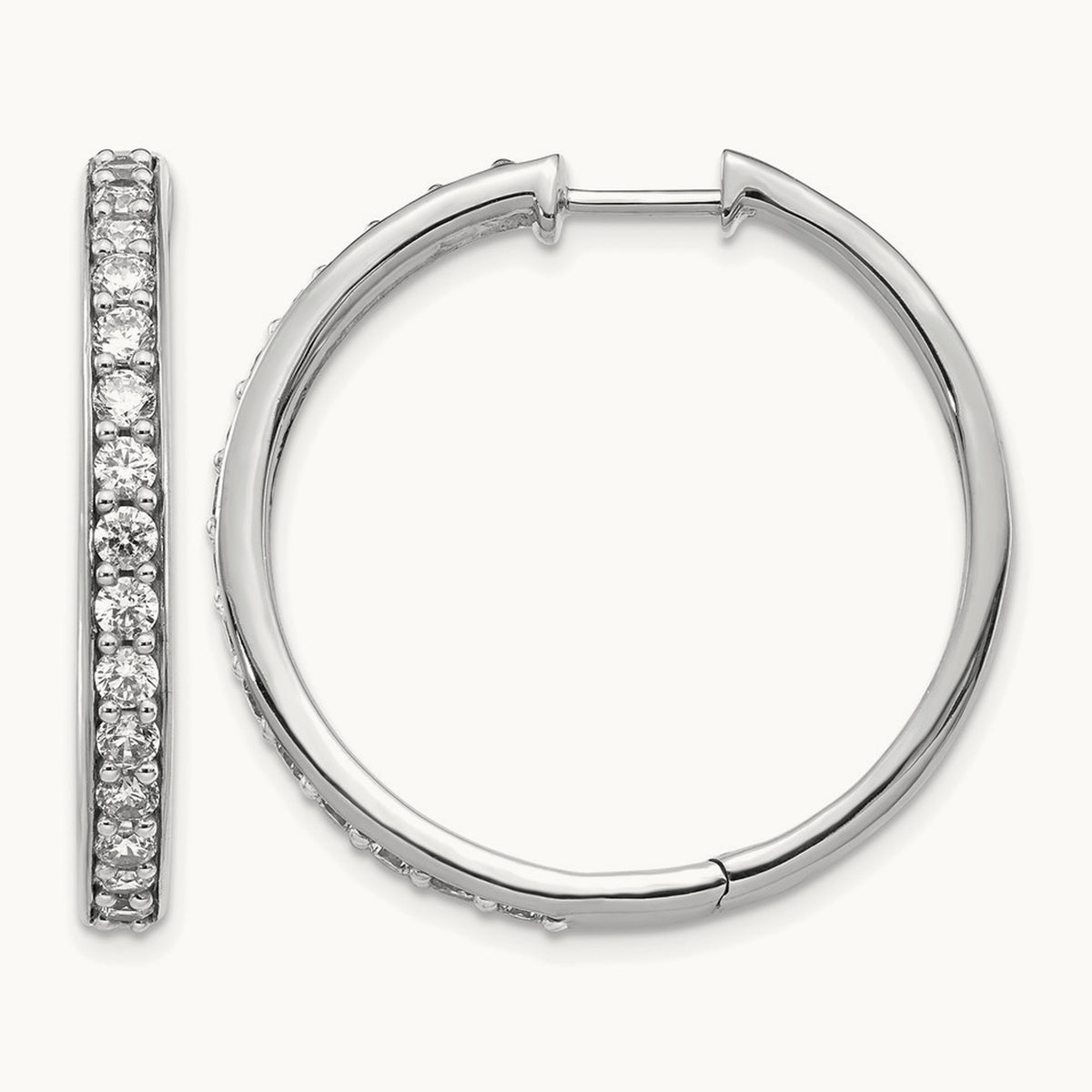 Diamond Hinged Hoop Earrings — 14K White Gold, 29mm, 1.5 ct