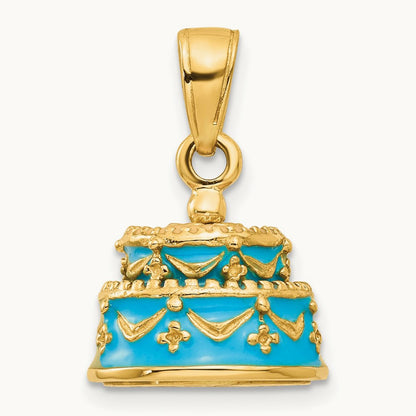 3-D Aqua Blue Enameled HAPPY BIRTHDAY Cake Pendant, 14K