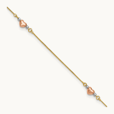 Tri-Color Puffed Heart 10in Plus 1in ext Anklet, 14K