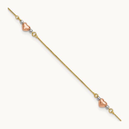 Tri-Color Puffed Heart 10in Plus 1in ext Anklet, 14K
