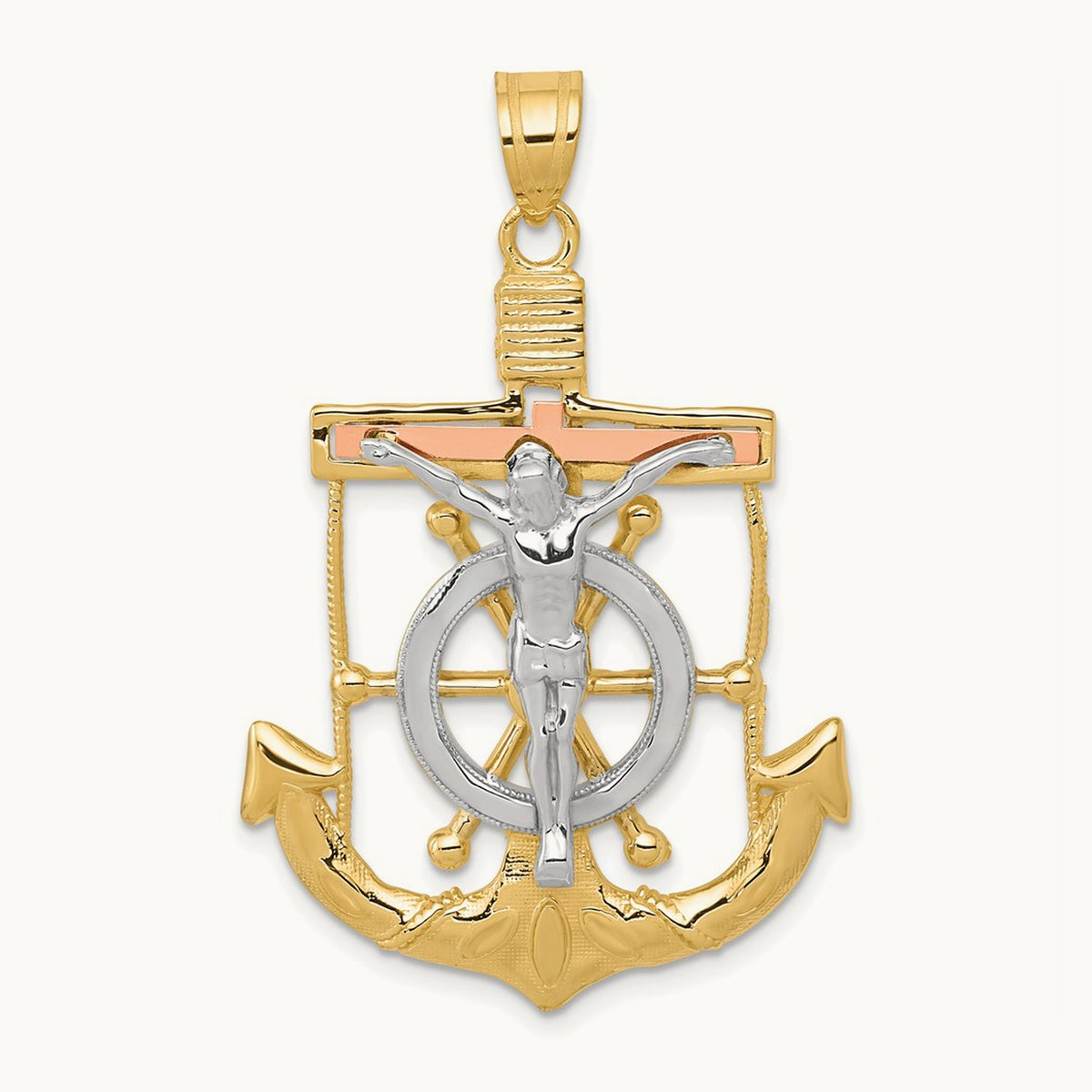 Tri-color Diamond-cut with Textured Mariner's Crucifix Pendant — 44mm