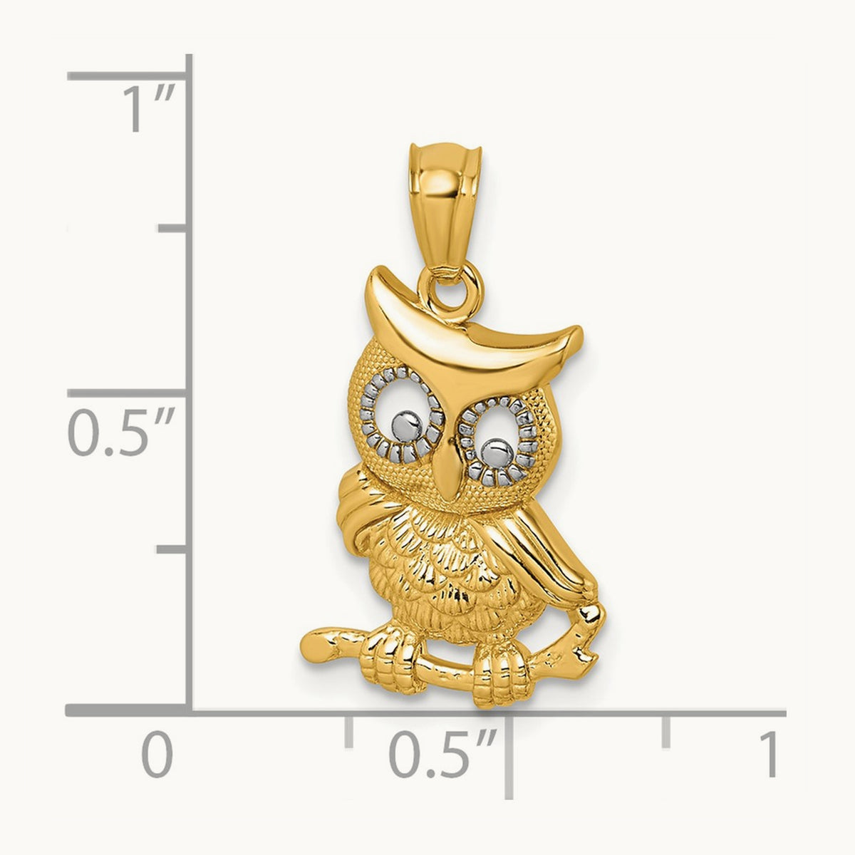 & Rhodium Polished & Textured Owl Pendant, 14K