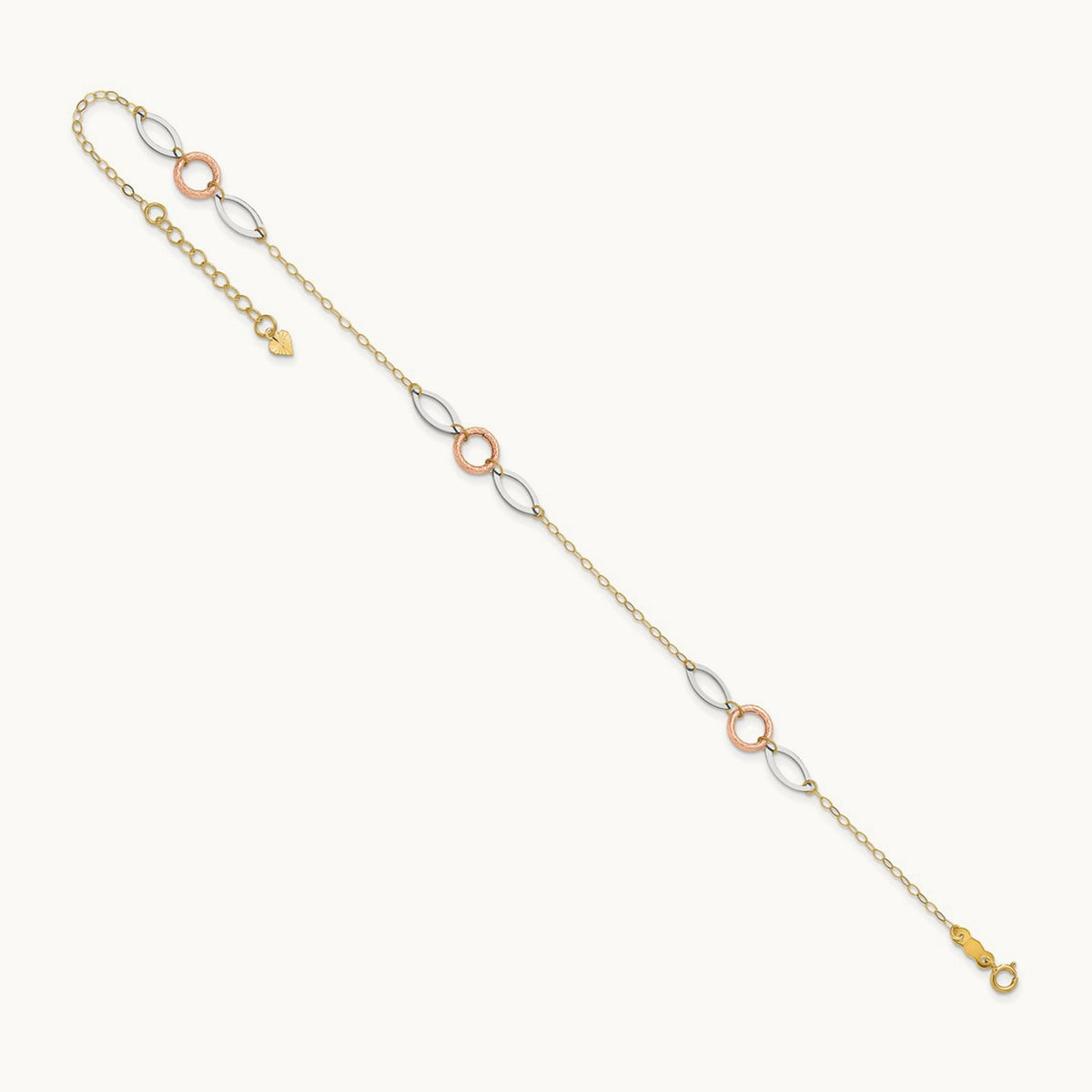 Tri-color Circle and Oval 9in Plus 1in ext. Anklet, 14K