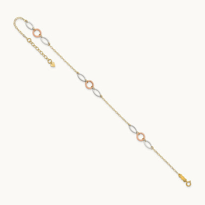 Tri-color Circle and Oval 9in Plus 1in ext. Anklet, 14K