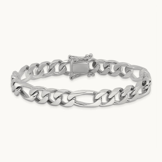 Hand-polished Figaro Link Bracelet, 9mm, 14K White Gold