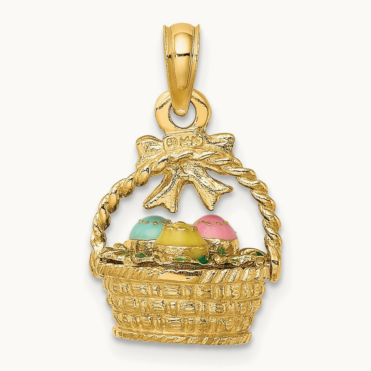 3-D Enameled Easter Basket w/Bow and Eggs Charm, 14K