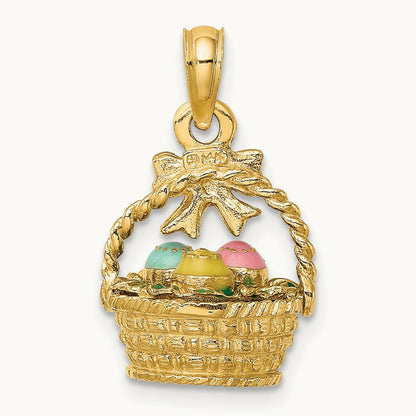 3-D Enameled Easter Basket w/Bow and Eggs Charm, 14K