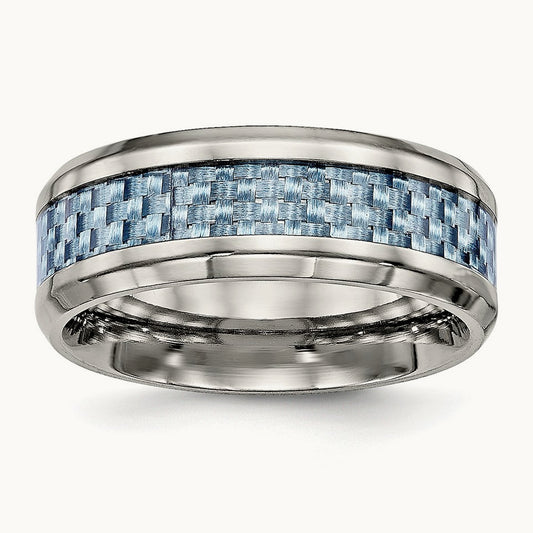 Polished w/Light Blue Carbon Fiber Inlay Ring, 8mm, Titanium