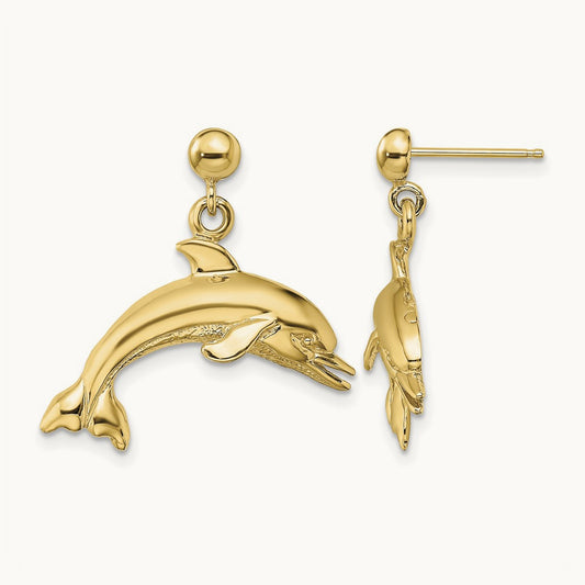 Jumping Dolphin Dangle Earrings, 14K