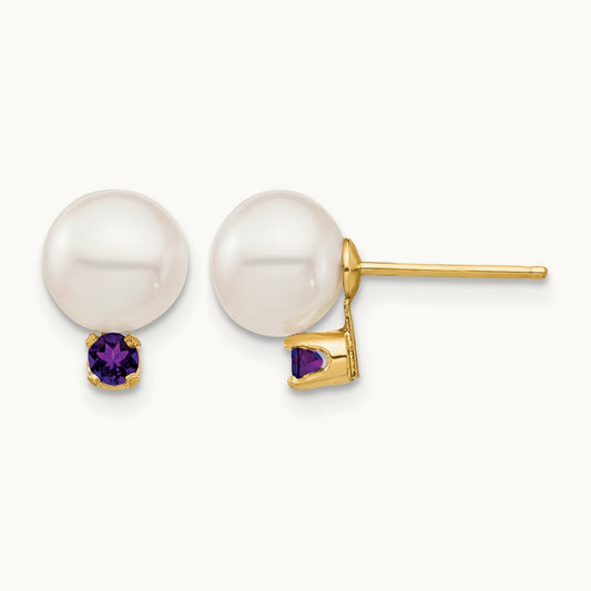 7- White Round Freshwater Cultured Pearl Amethyst Post Earrings, 7.5mm, 14K