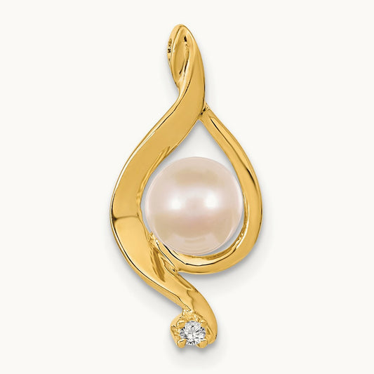 Round Freshwater Cultured Pearl Diamond Pendant — 14K Yellow Gold