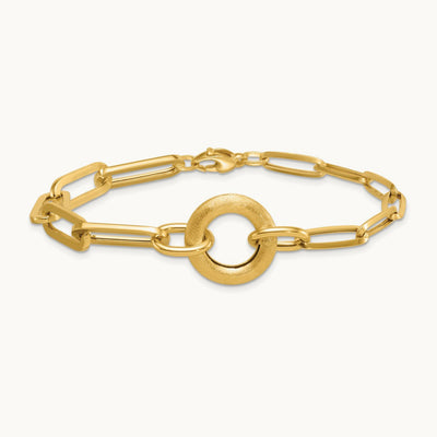 Polished And Brushed Paperclip Link With Circle Bracelet, 14K