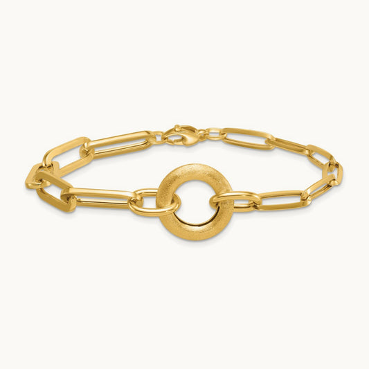 Polished And Brushed Paperclip Link With Circle Bracelet, 14K