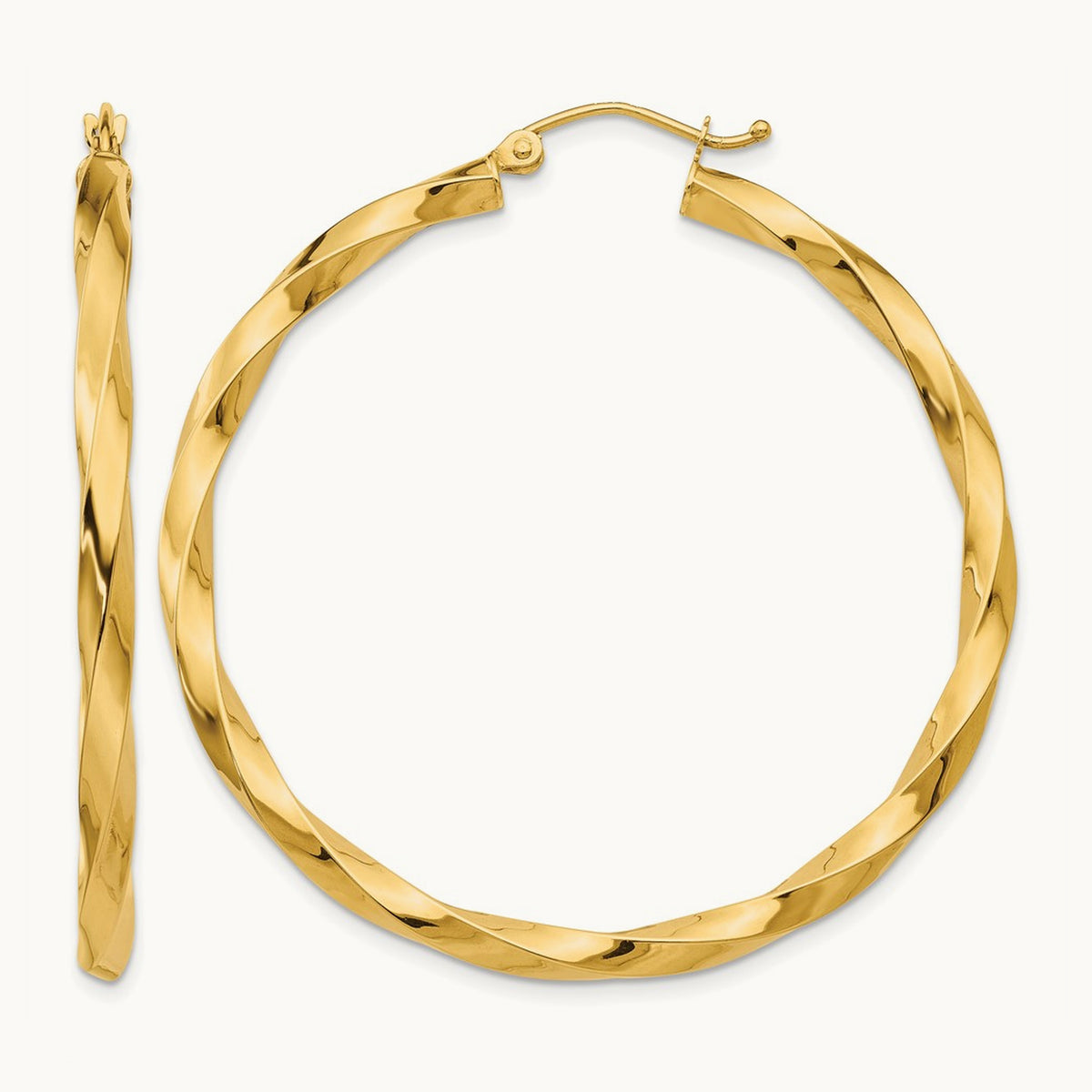 Square Tube Twisted Hoop Earrings — 14K Yellow Gold, 45mm, 3mm