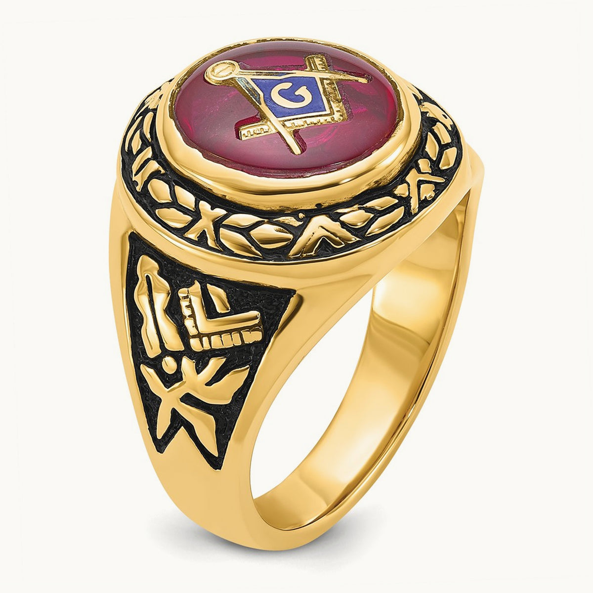 Men's Antiqued & Textured with Lab Created Ruby Masonic Ring — 14K Yellow Gold