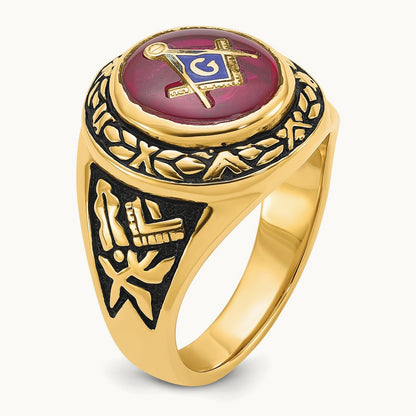 Men's Antiqued & Textured with Lab Created Ruby Masonic Ring — 14K Yellow Gold