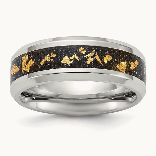 Polished with Black and Gold Foil Inlay Band, 8mm, Stainless Steel