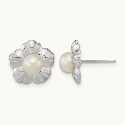 5- White Button FWC Pearl Flower Post Earrings, 6mm, 14K White Gold