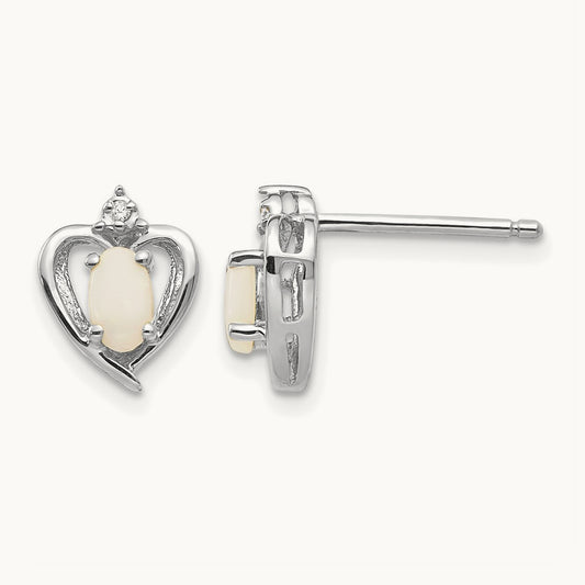 Opal and Diamond Heart Post Earrings, 14K White Gold