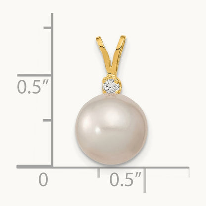 Round White Saltwater South Sea Pearl .05ct Diamond Pendant, 10mm in 14K Yellow Gold