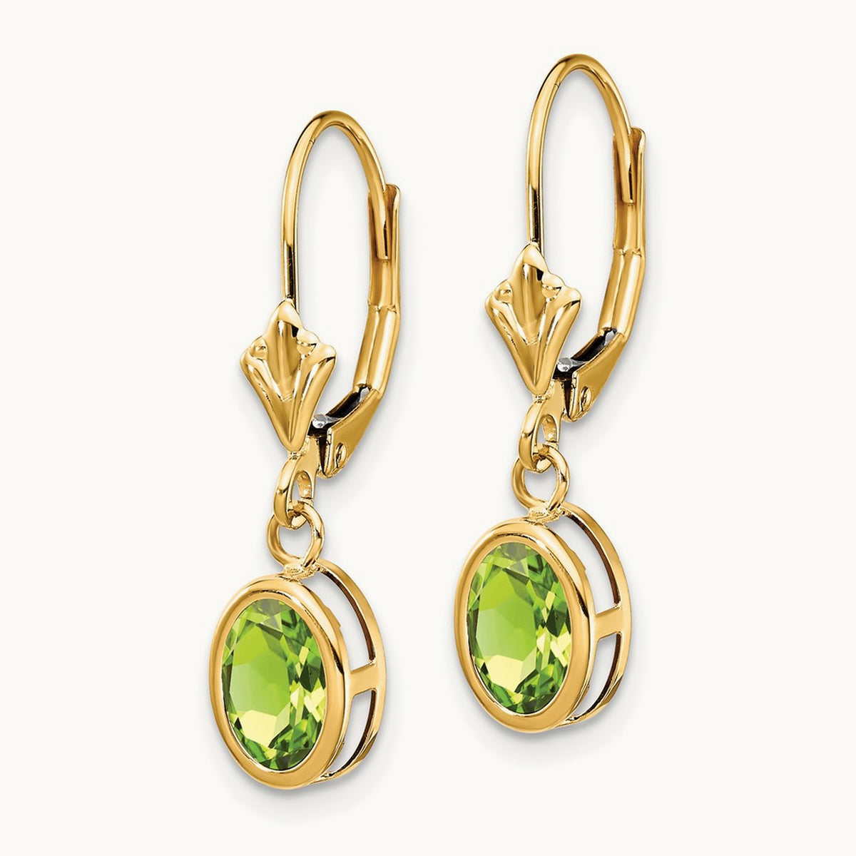 Oval Peridot Leverback Earrings — 14K Yellow Gold, 27mm, 7x5mm