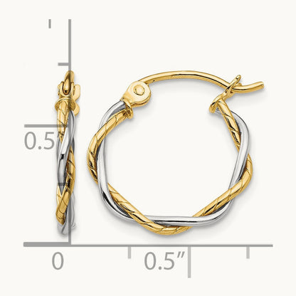 Twisted Dual Band Hoop Earrings — 14K Two-Tone Gold, 12mm, 1.8mm