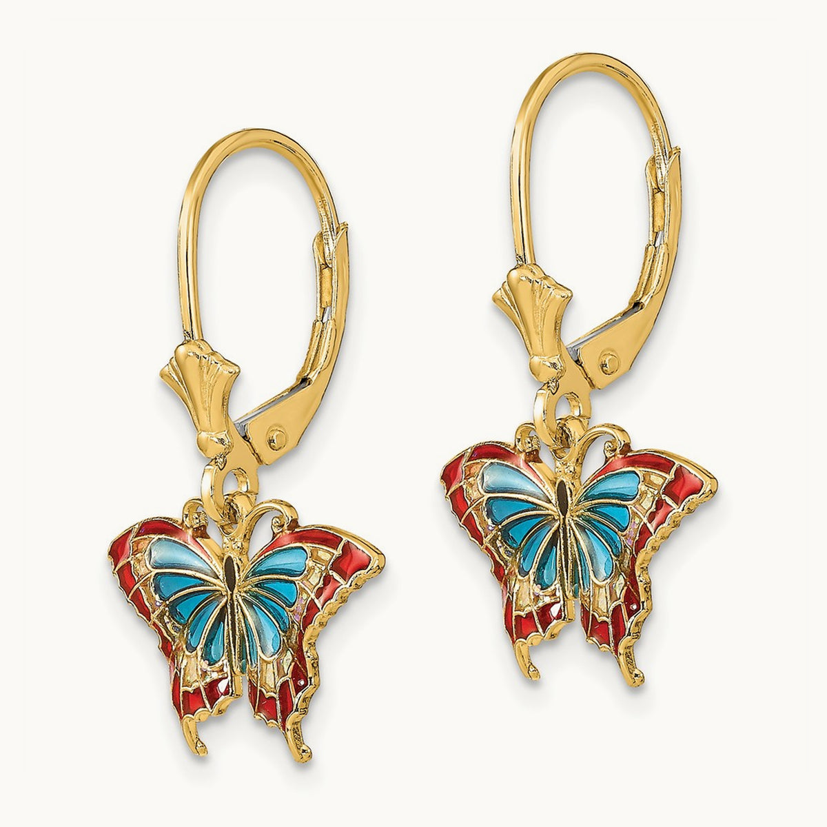w/Blue and Red Enameled Wings Butterfly Leverback Earrings, 14K