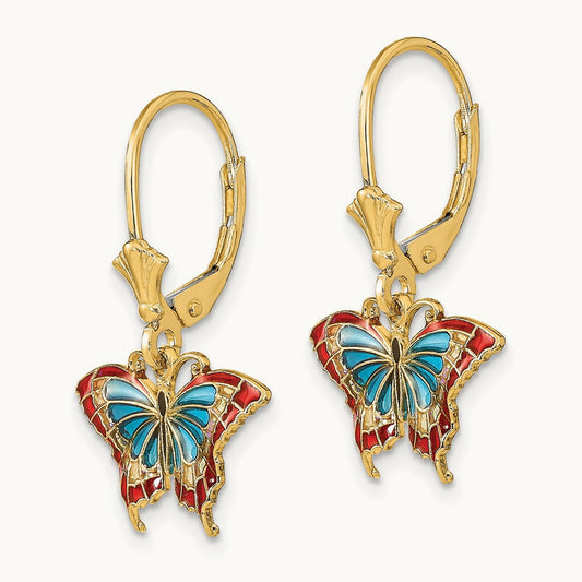 w/Blue and Red Enameled Wings Butterfly Leverback Earrings, 14K