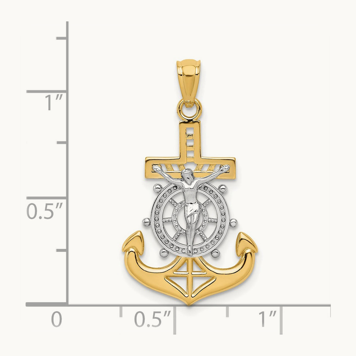 w/Rhodium Polished Mariners Crucifix Pendant, 14K