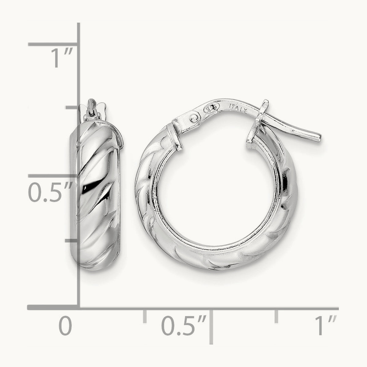 Rhod-plated Polished Textured Hoop Earrings — 17mm