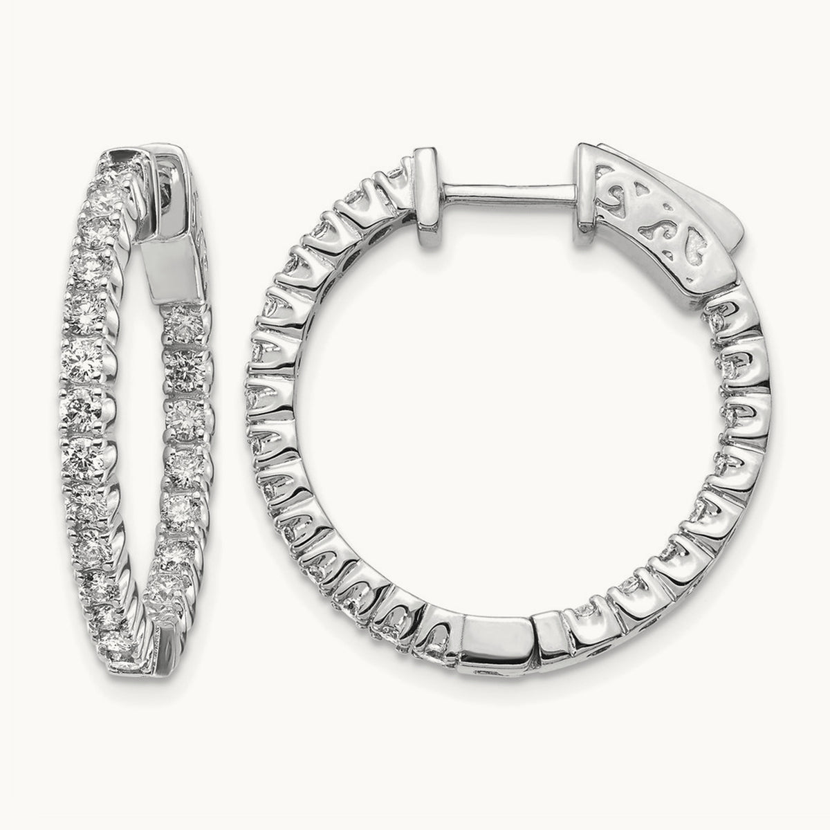 Diamond Round Hoop w/Safety Clasp Earrings, 14K White Gold