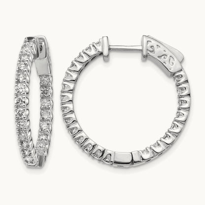 Diamond Round Hoop w/Safety Clasp Earrings, 14K White Gold