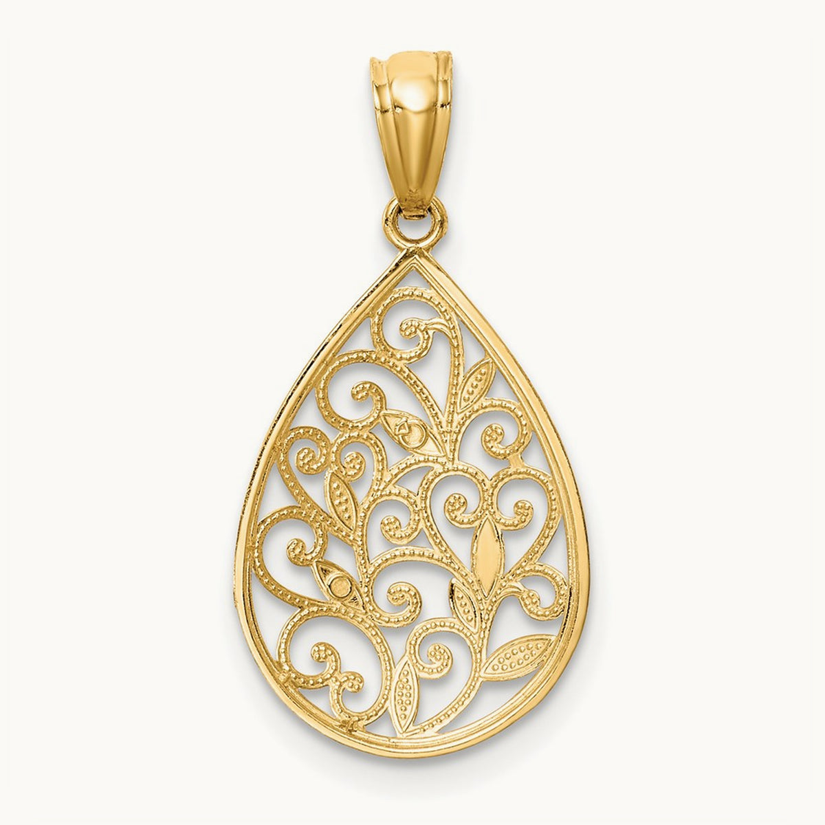 Polished and Textured Small Filigree Teardrop Pendant, 14K Gold