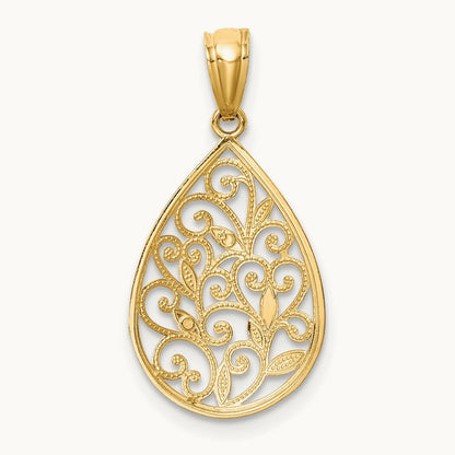 Polished and Textured Small Filigree Teardrop Pendant, 14K Gold