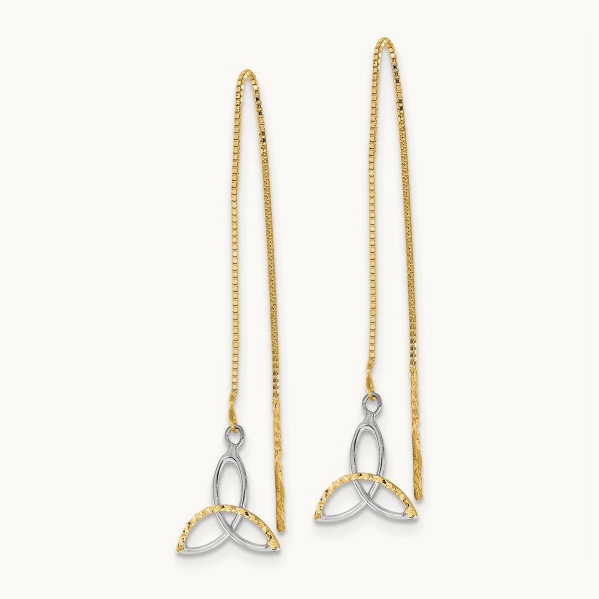 w/Rhodium D/C Box Chain Celtic Knot Threader Earrings, 14K