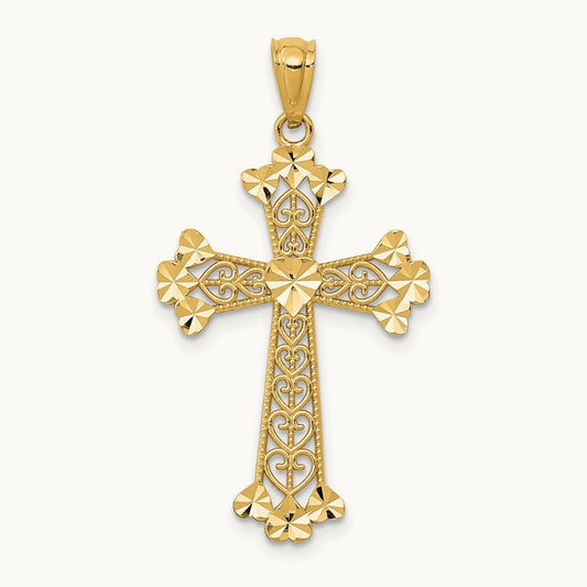 Diamond-cut Polished Filigree Hearts Cross Pendant, 14K