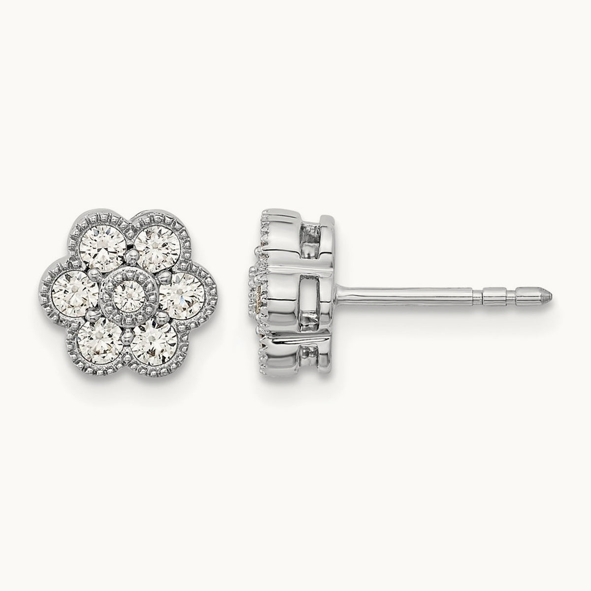 Floral Diamond Post Earrings, 14K White Gold