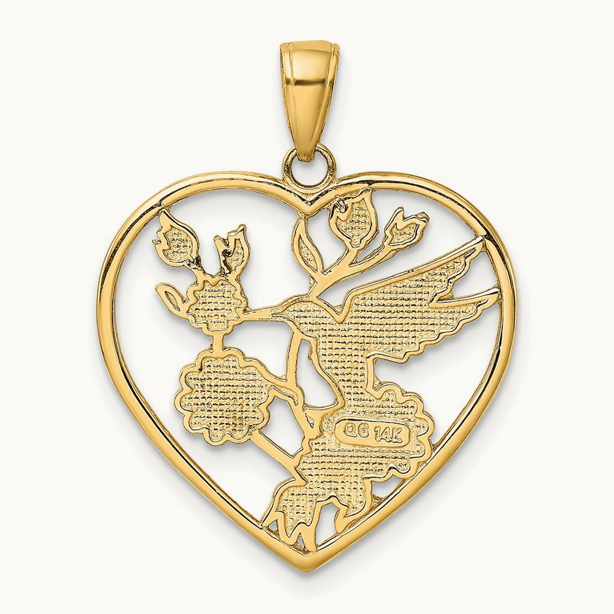 Enameled Hummingbird w/Flowers Heart Pendant, 14K