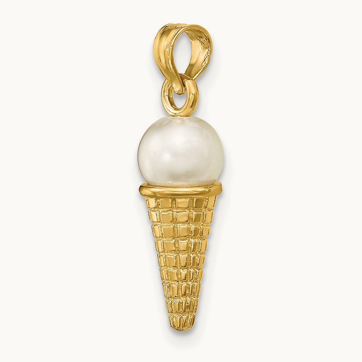Satin Polished 3D White Bead Ice Cream Cone Pendant, 14K