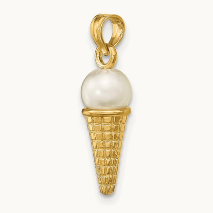 Satin Polished 3D White Bead Ice Cream Cone Pendant, 14K