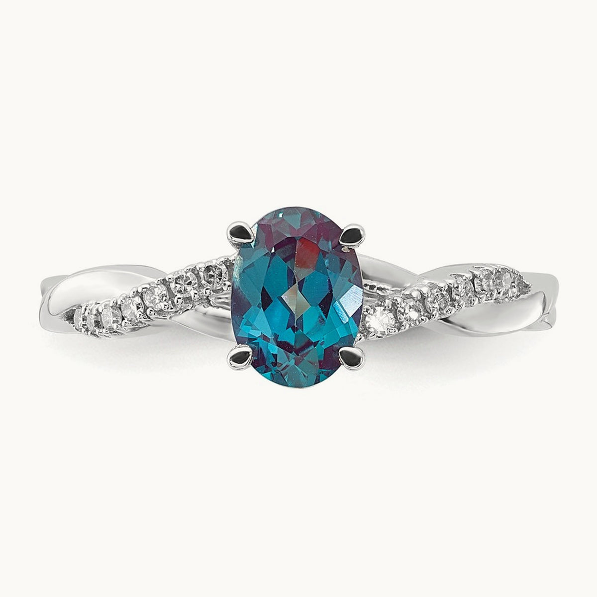 Oval Created Alexandrite and Lab-Grown Diamond Ring — 14K White Gold, 7