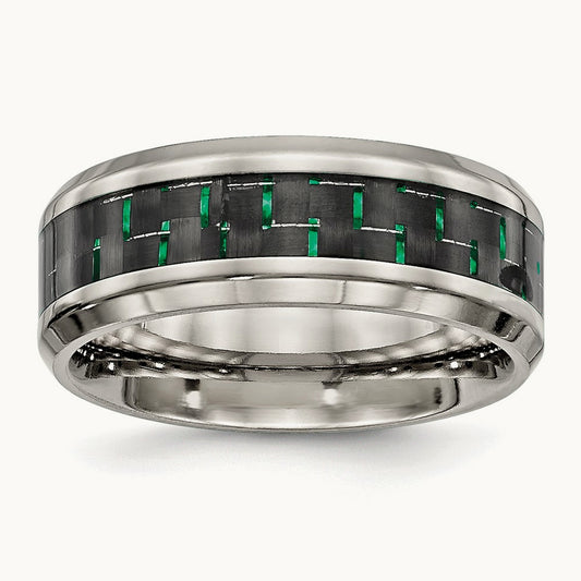 Polished Black/Green Carbon Fiber Inlay Band, 8mm, Stainless Steel