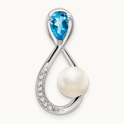 Blue Topaz/FWC Pearl/Diamond Infinity Chain Slide, 14K White Gold