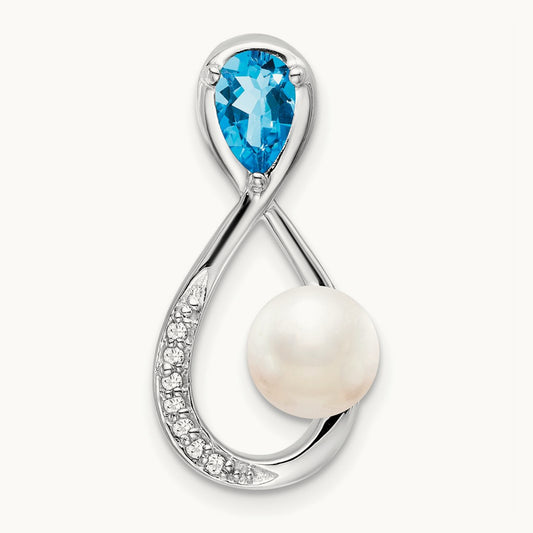 Blue Topaz/FWC Pearl/Diamond Infinity Chain Slide, 14K White Gold