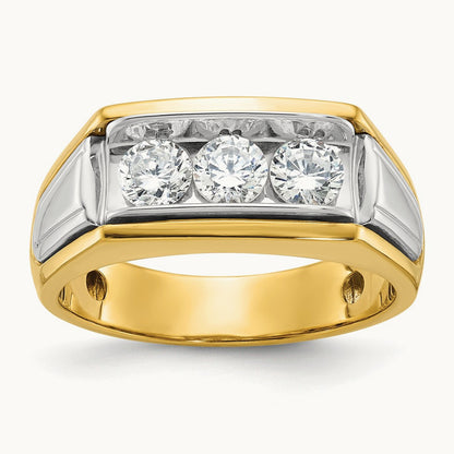 14ktt IBGoodman Men's Polished and Grooved 3-Stone Diamond Ring