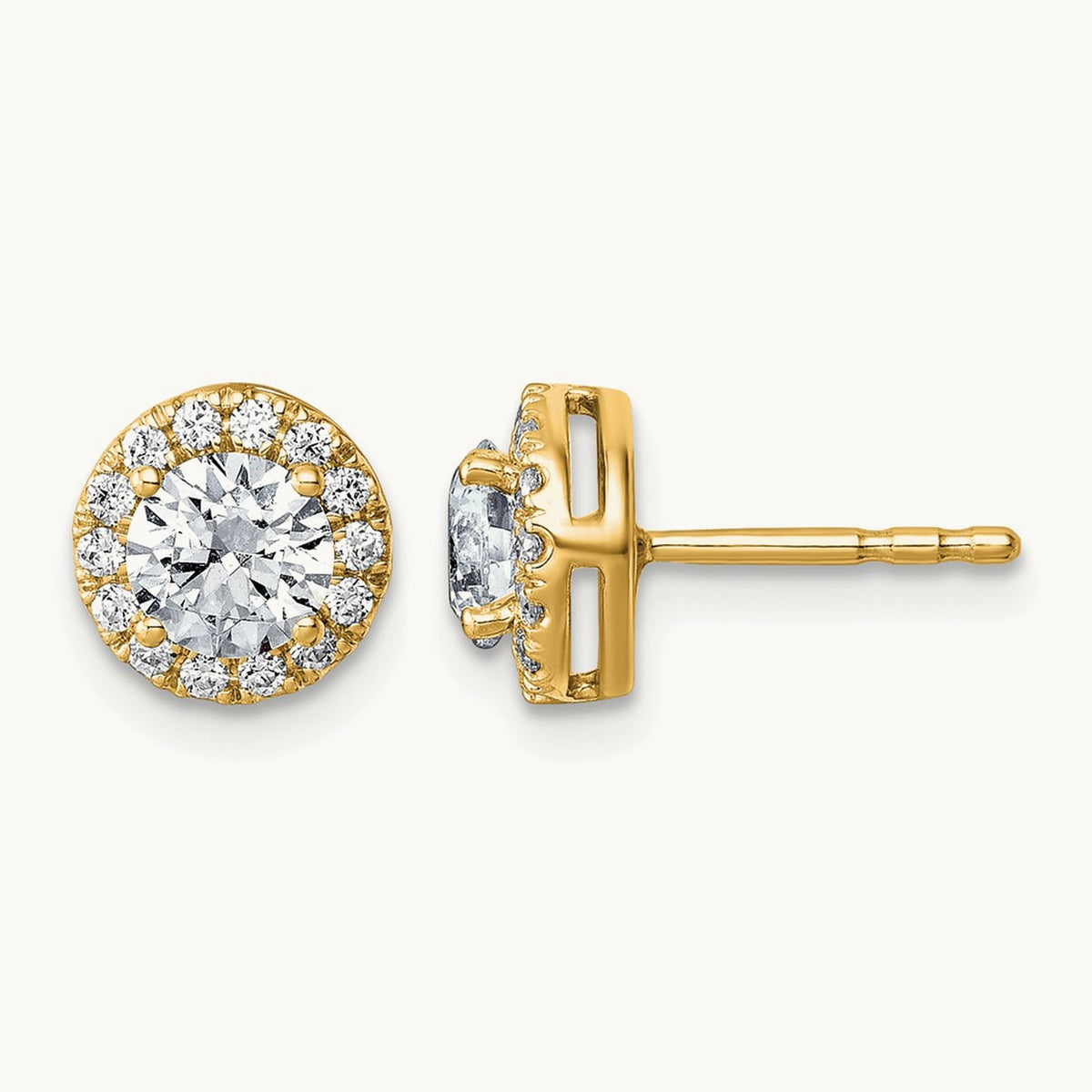 Round Halo Post Earrings, 0.50-7.50 ct tw Lab-Grown Diamond — 1 1/5 ct, 14K Yellow Gold
