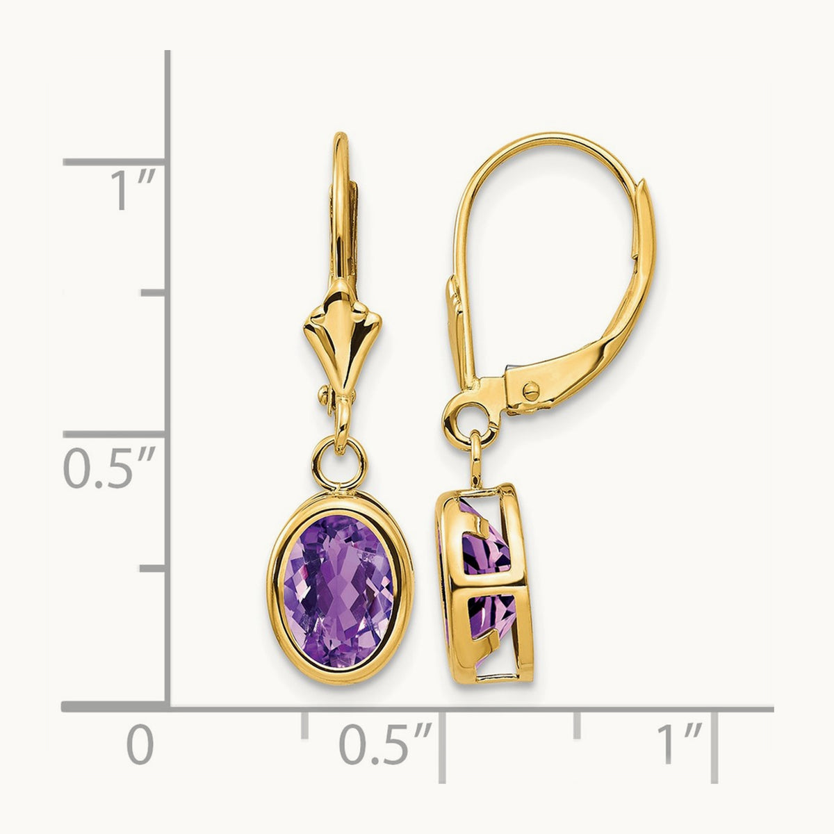 Oval Amethyst Leverback Earrings — 14K Yellow Gold, 27mm, 8x6mm