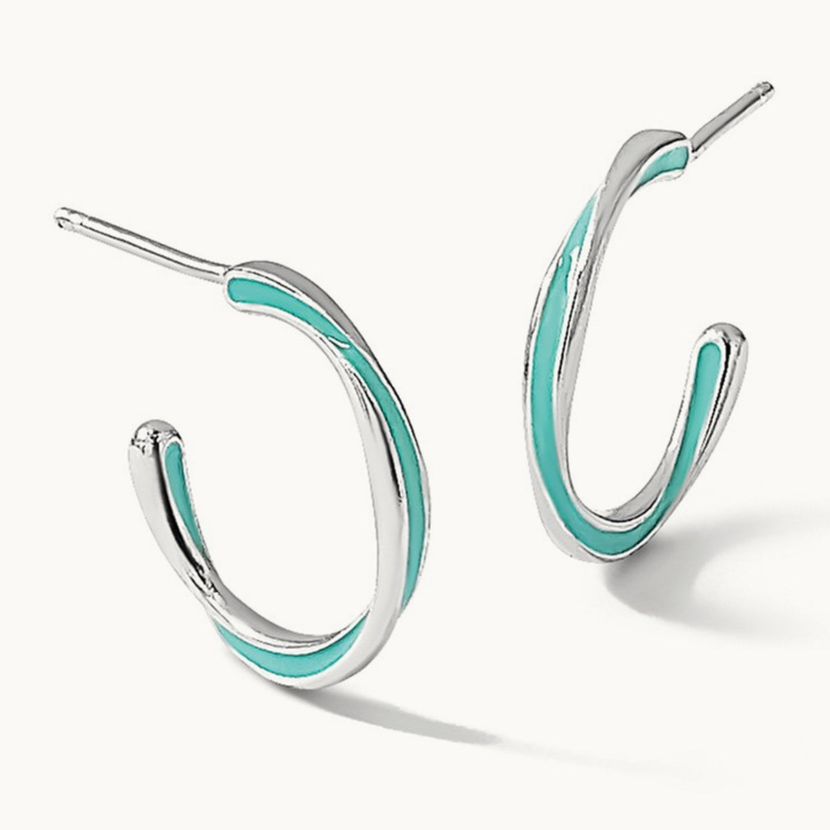 Rhodium-plated Aqua Enameled Hoop Earrings, Sterling Silver — Leslie's