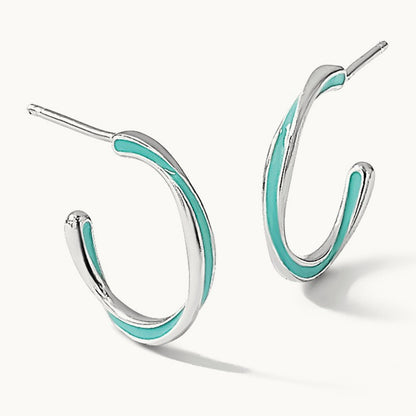 Rhodium-plated Aqua Enameled Hoop Earrings, Sterling Silver — Leslie's