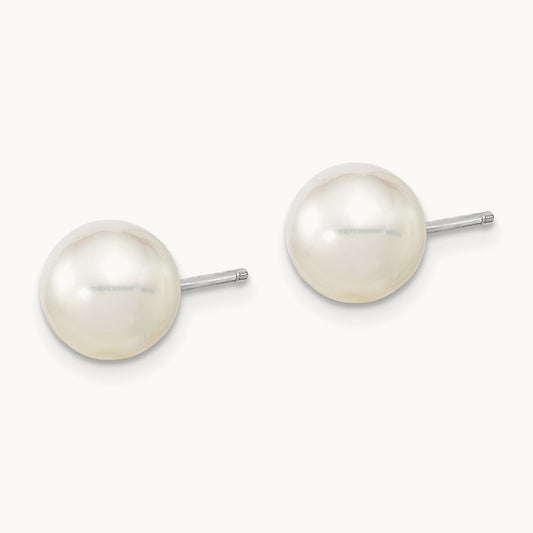 8- Round White Saltwater South Sea Pearl Earrings, 9mm, 14K White Gold